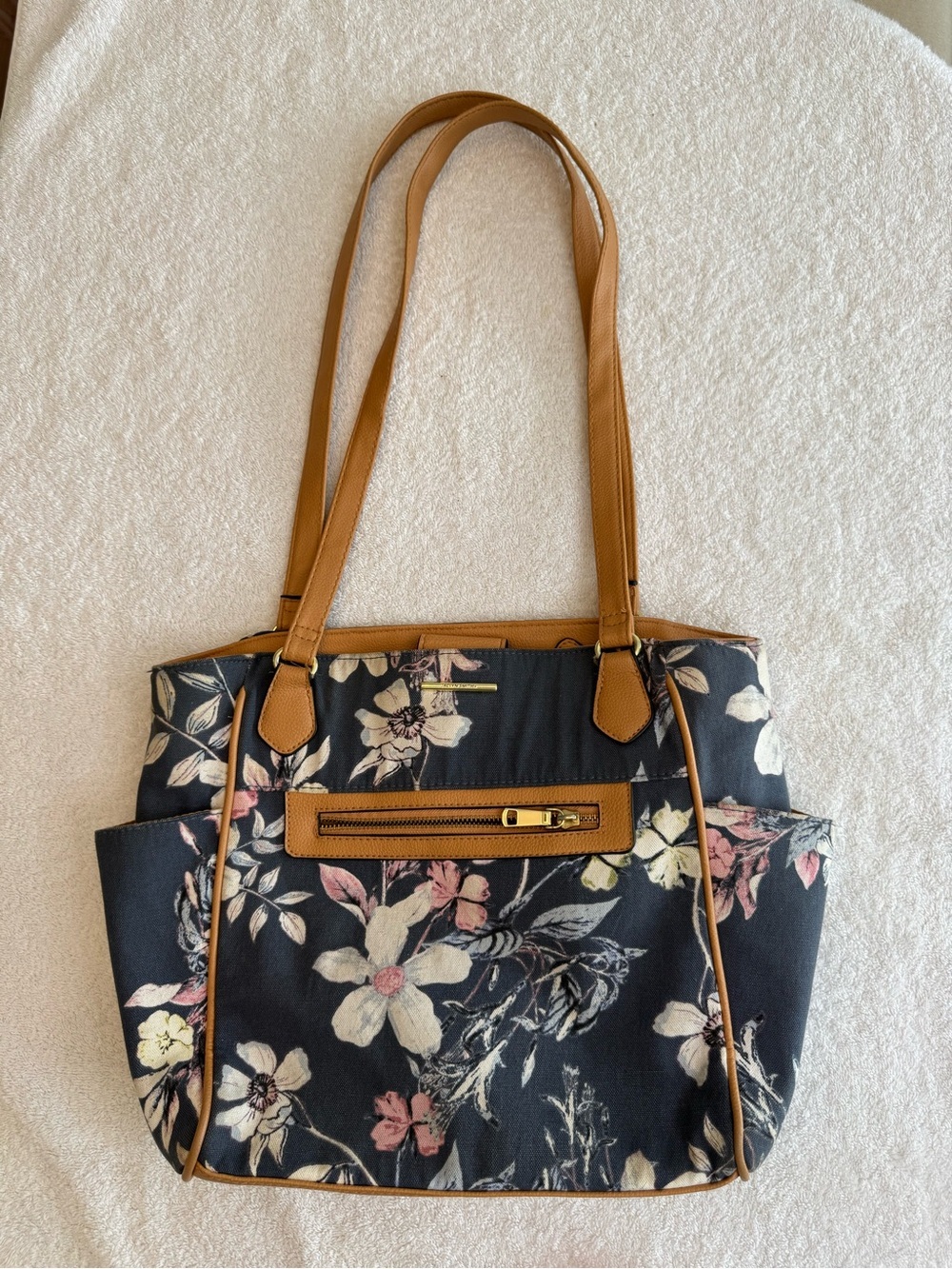 Jaclyn Smith Floral Shoulder Tote Bag Canvas Purse Black Pink Tan Trim Medium
